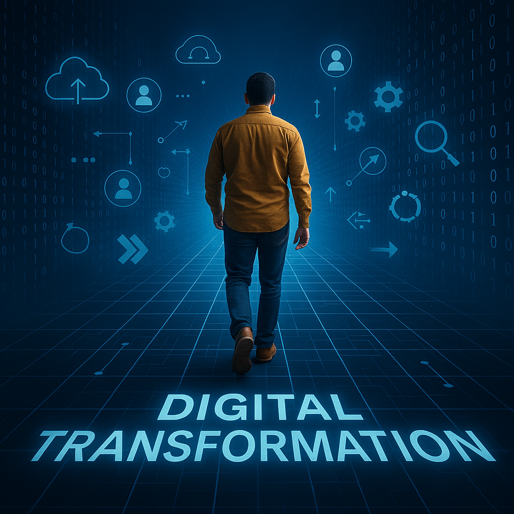 Hombre caminando hacia el futuro digital con iconos de transformación digital